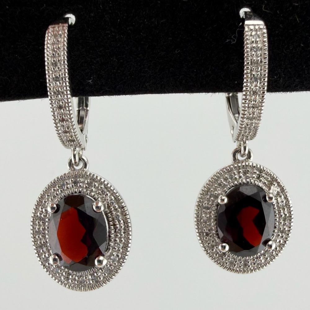 "R" 925 Sterling Silver Red Garnet Halo Drop Earrings Leverback Vintage Style